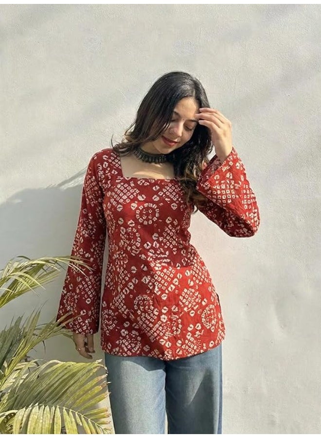 ANNI DESIGNER كورتِي قصير مطبوع من ANNI للنساء بتصميم أنيق | بلوزة عرقية بقصة مستقيمة مع ياقة مربعة | كورتَا هندية غير رسمية بأكمام جرس للمكتب والجامعة والحفلات | S - Image 3