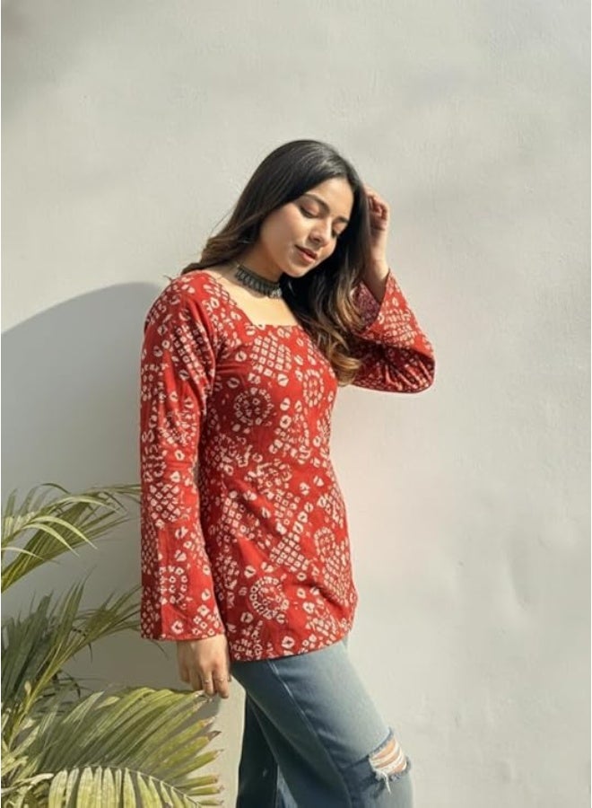 ANNI DESIGNER كورتِي قصير مطبوع من ANNI للنساء بتصميم أنيق | بلوزة عرقية بقصة مستقيمة مع ياقة مربعة | كورتَا هندية غير رسمية بأكمام جرس للمكتب والجامعة والحفلات | S - Image 4