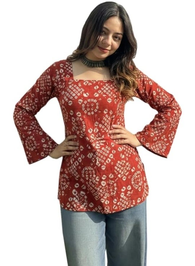 ANNI DESIGNER كورتِي قصير مطبوع من ANNI للنساء بتصميم أنيق | بلوزة عرقية بقصة مستقيمة مع ياقة مربعة | كورتَا هندية غير رسمية بأكمام جرس للمكتب والجامعة والحفلات | S - Image 1