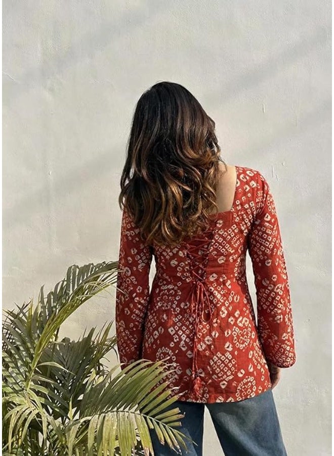 ANNI DESIGNER كورتِي قصير مطبوع من ANNI للنساء بتصميم أنيق | بلوزة عرقية بقصة مستقيمة مع ياقة مربعة | كورتَا هندية غير رسمية بأكمام جرس للمكتب والجامعة والحفلات | S - Image 2