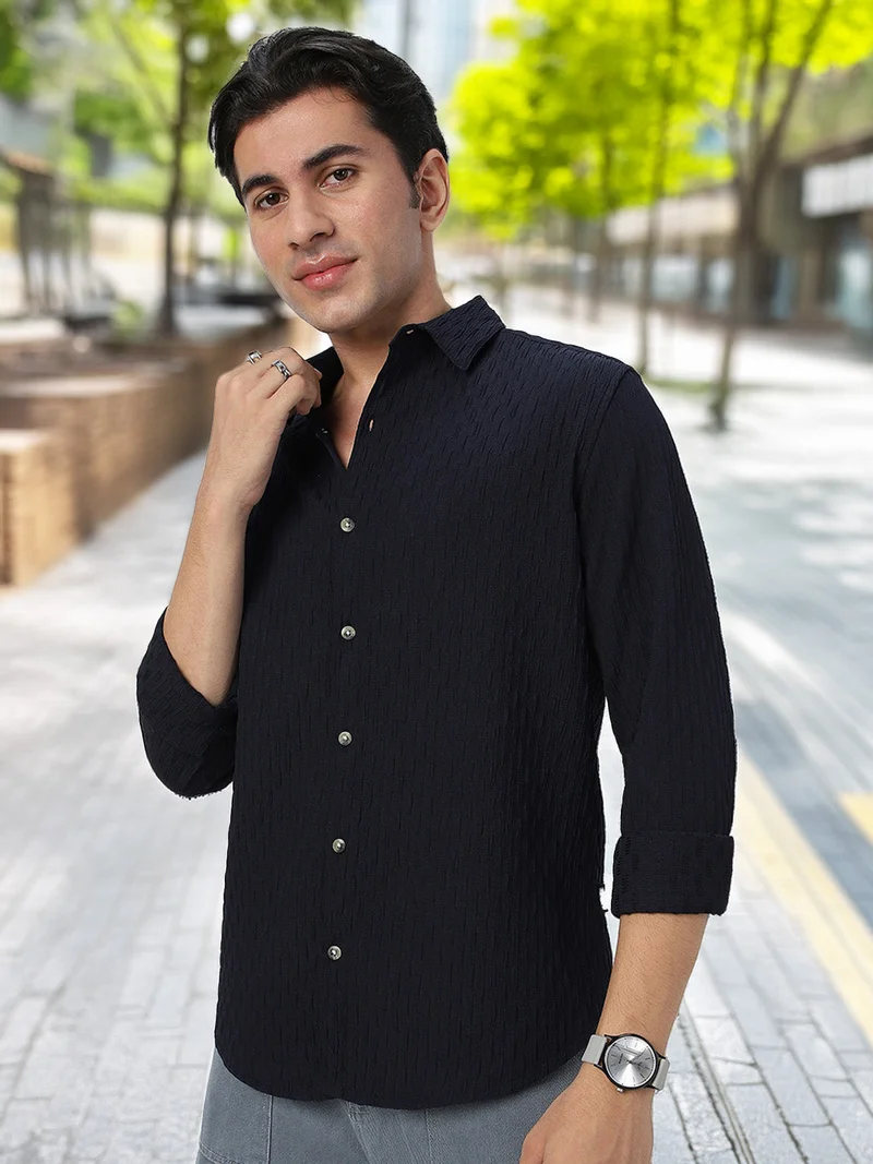 Urbano Fashion Men's Navy Cotton Full Sleeve Regular Fit Textured Shirt with Spread Collar