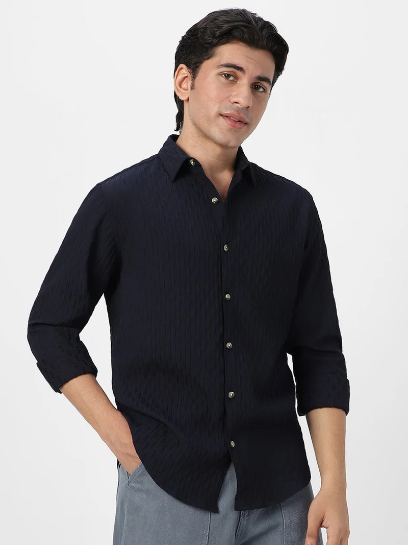 Urbano Fashion  Urbano Fashion Men's Navy Cotton Full Sleeve Regular Fit Textured Shirt with Spread Collar  | Best Price UAE