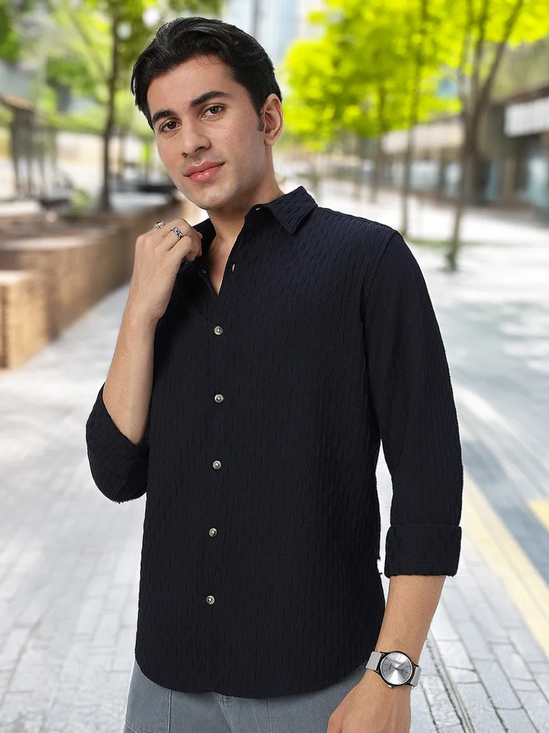 Urbano Fashion  Urbano Fashion Men's Navy Cotton Full Sleeve Regular Fit Textured Shirt with Spread Collar  | Best Price UAE