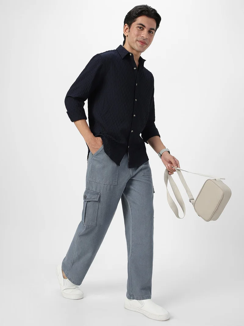 Urbano Fashion  Urbano Fashion Men's Navy Cotton Full Sleeve Regular Fit Textured Shirt with Spread Collar  | Best Price UAE