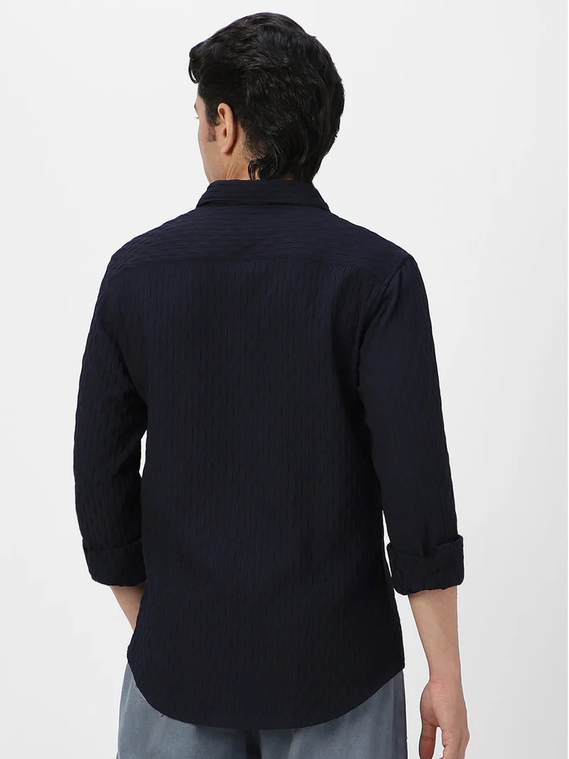 Urbano Fashion  Urbano Fashion Men's Navy Cotton Full Sleeve Regular Fit Textured Shirt with Spread Collar  | Best Price UAE