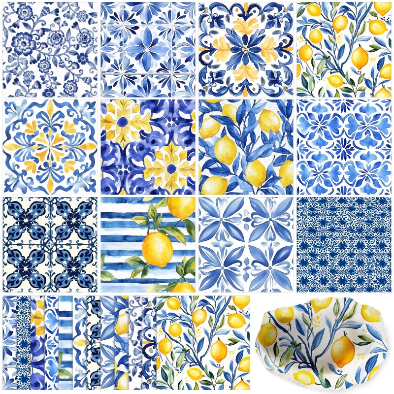Glenmal 120 Pack Vintage Mediterranean Lemon Decoupage Paper Napkins, 12 Styles Blue Flowers Assorted Decorative Cocktail Napkins for DIY Crafting Holiday Birthday Party Wedding Baby Shower, 13 Inch - Image 1
