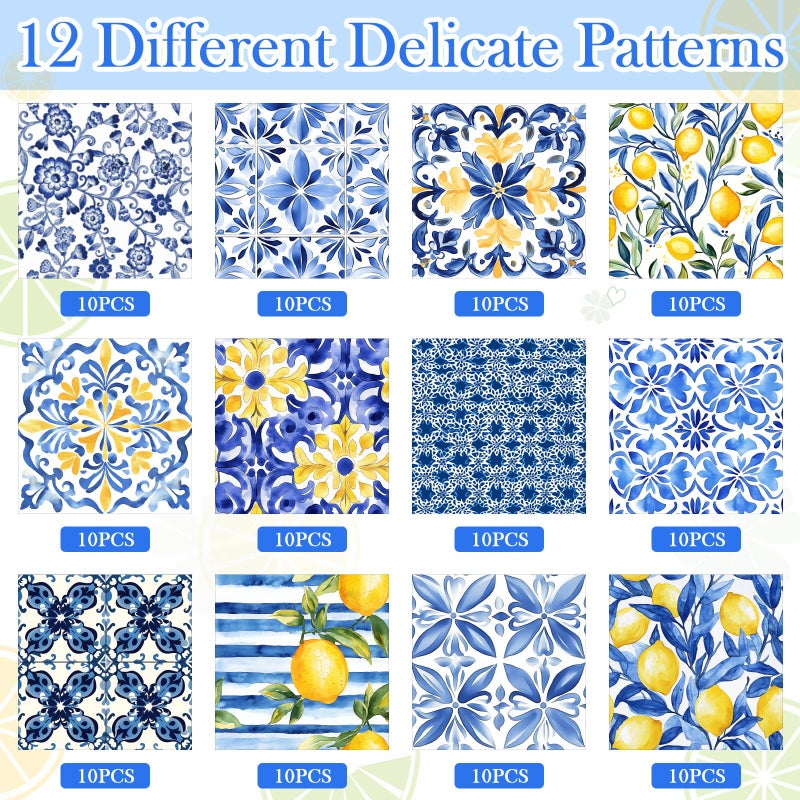 Glenmal 120 Pack Vintage Mediterranean Lemon Decoupage Paper Napkins, 12 Styles Blue Flowers Assorted Decorative Cocktail Napkins for DIY Crafting Holiday Birthday Party Wedding Baby Shower, 13 Inch - Image 4