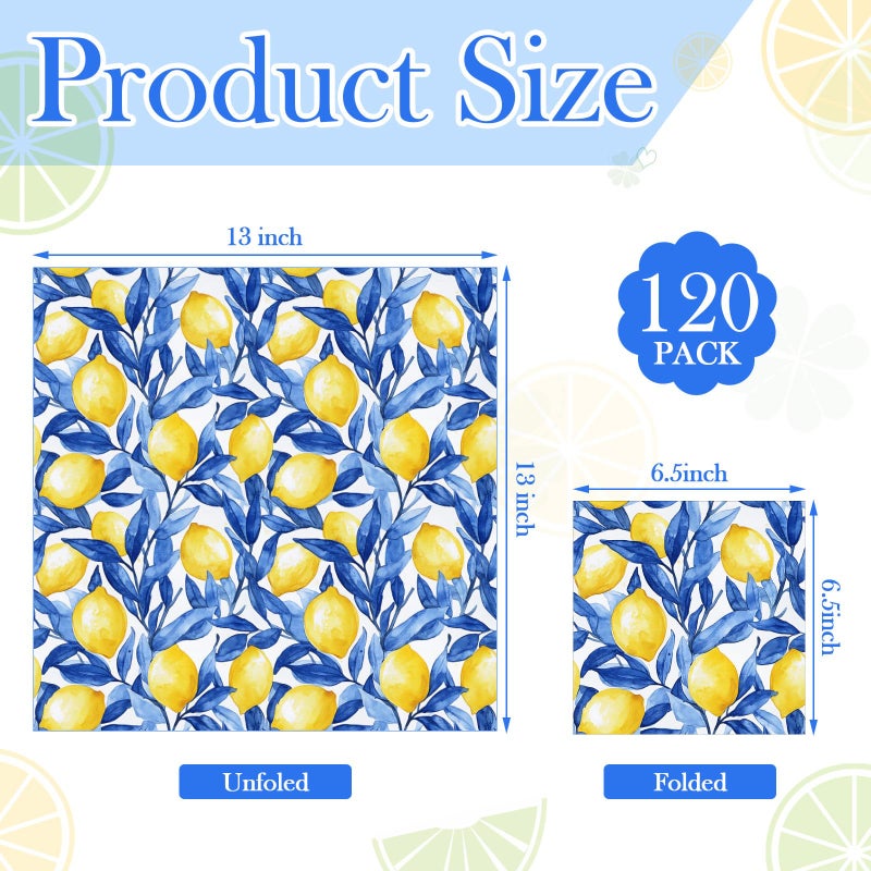 Glenmal 120 Pack Vintage Mediterranean Lemon Decoupage Paper Napkins, 12 Styles Blue Flowers Assorted Decorative Cocktail Napkins for DIY Crafting Holiday Birthday Party Wedding Baby Shower, 13 Inch - Image 5