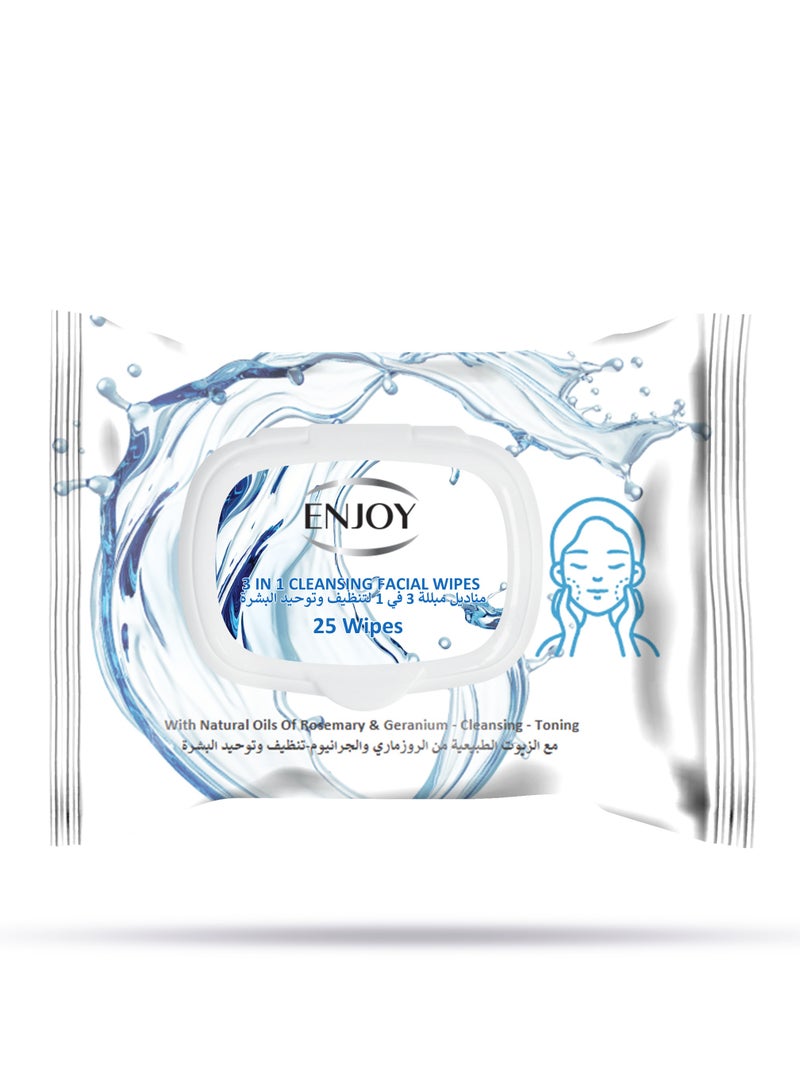 إنجوي مناديل تنظيف الوجه ENJOY 3 في 1 – عدد 25 – بزيوت طبيعية من إكليل الجبل والجرانيوم – تنظيف وتوحيد وترطيب البشرة – لإشراقة صحية - Image 1