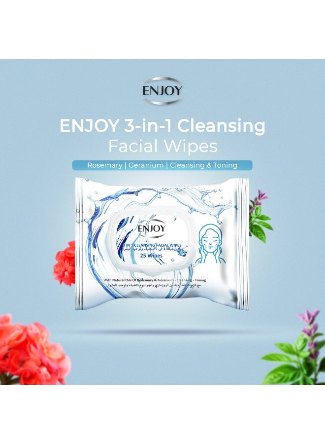 إنجوي مناديل تنظيف الوجه ENJOY 3 في 1 – عدد 25 – بزيوت طبيعية من إكليل الجبل والجرانيوم – تنظيف وتوحيد وترطيب البشرة – لإشراقة صحية - Image 2