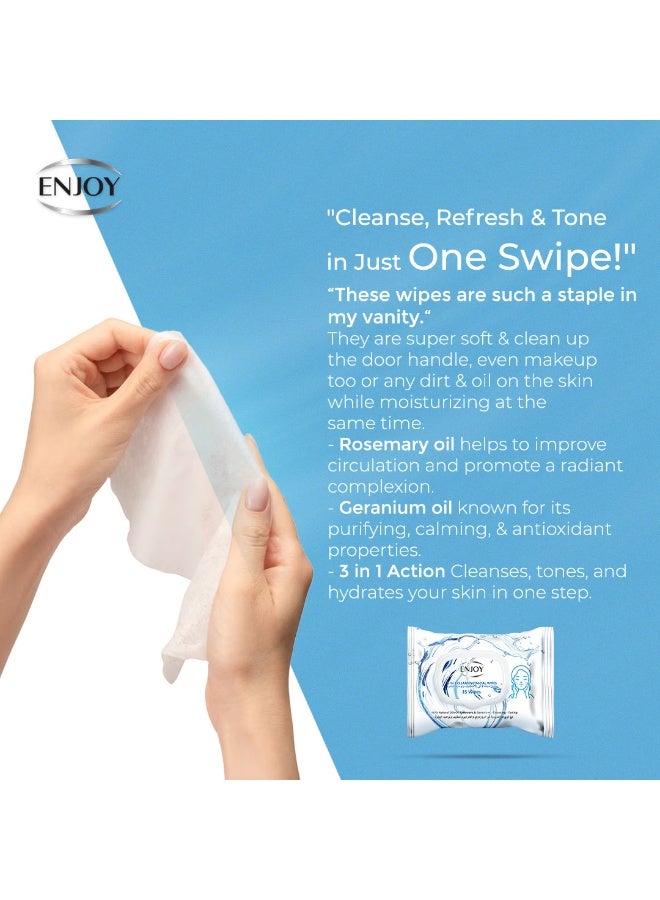 إنجوي مناديل تنظيف الوجه ENJOY 3 في 1 – عدد 25 – بزيوت طبيعية من إكليل الجبل والجرانيوم – تنظيف وتوحيد وترطيب البشرة – لإشراقة صحية - Image 5