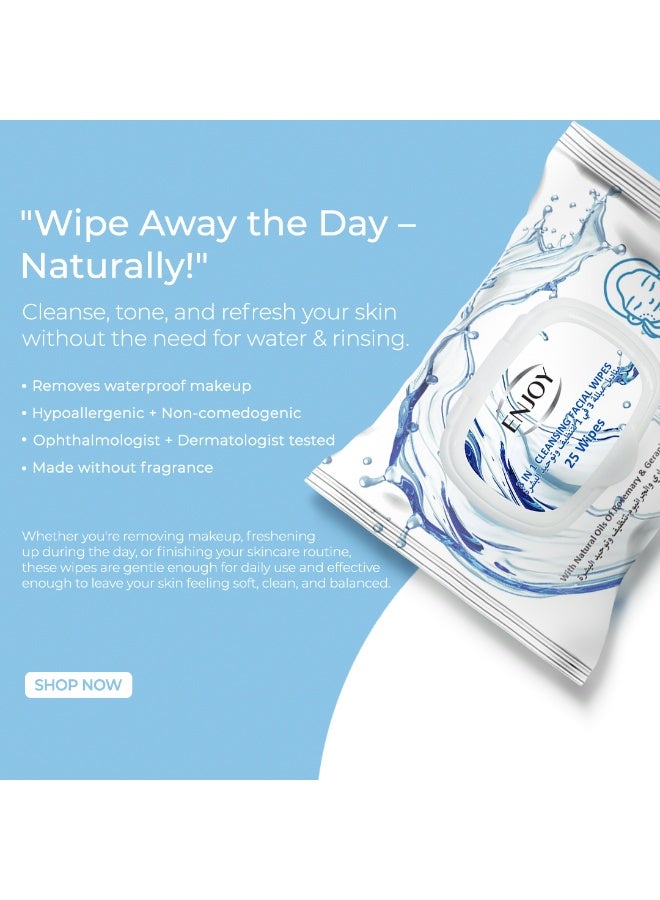 إنجوي مناديل تنظيف الوجه ENJOY 3 في 1 – عدد 25 – بزيوت طبيعية من إكليل الجبل والجرانيوم – تنظيف وتوحيد وترطيب البشرة – لإشراقة صحية - Image 3