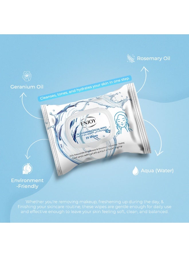 إنجوي مناديل تنظيف الوجه ENJOY 3 في 1 – عدد 25 – بزيوت طبيعية من إكليل الجبل والجرانيوم – تنظيف وتوحيد وترطيب البشرة – لإشراقة صحية - Image 4