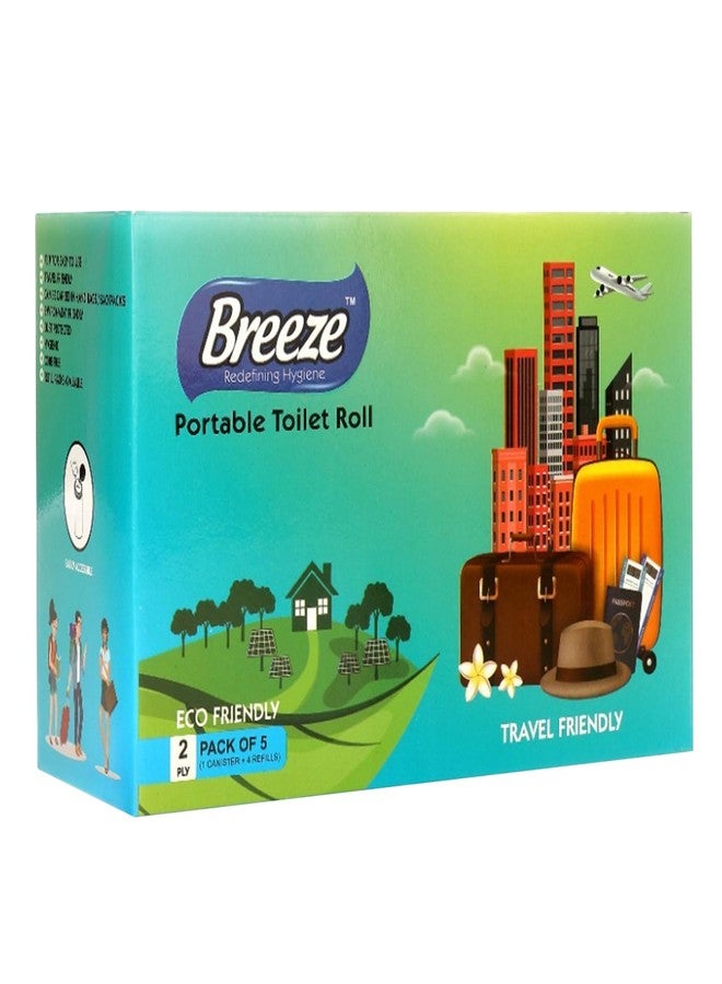 BREEZE 2-Ply Portable Toilet Roll Multipurpose Sheets - 50 Pulls, Pack of 5 (1 Canister + 4 Refills)- White - Image 1