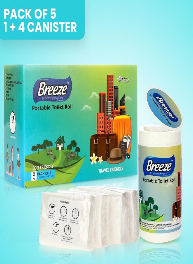 BREEZE 2-Ply Portable Toilet Roll Multipurpose Sheets - 50 Pulls, Pack of 5 (1 Canister + 4 Refills)- White - Image 2