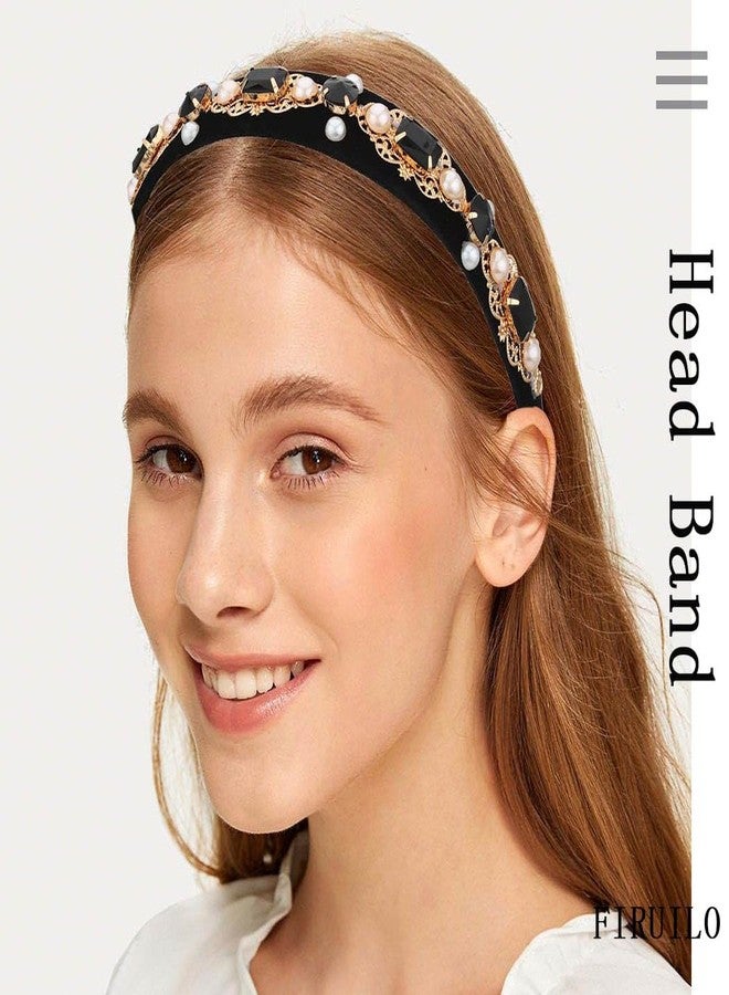 Firuilo Baroque Wide Headbands Black Rhinestones Hairband with Beaded Hair Ties Crystal Pearl Hair Hoop for Women (Type A) - Image 5