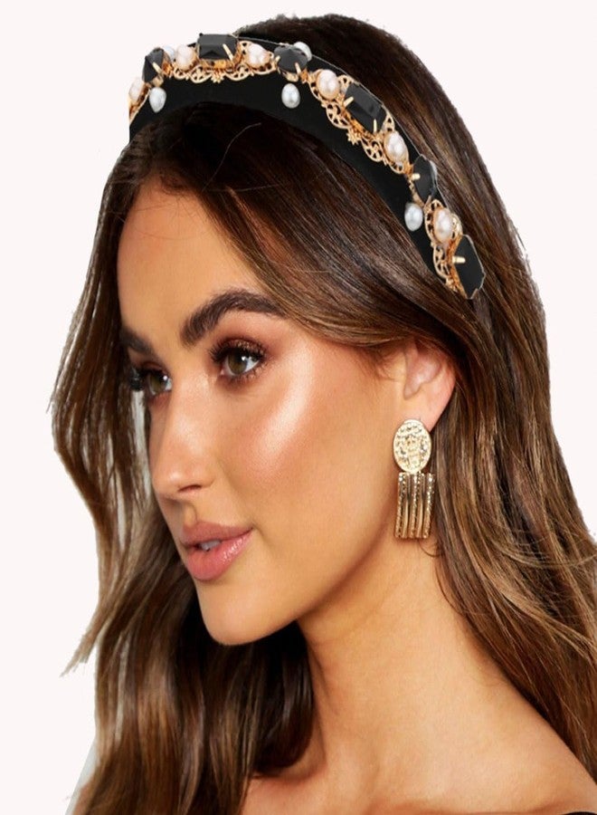 Firuilo Baroque Wide Headbands Black Rhinestones Hairband with Beaded Hair Ties Crystal Pearl Hair Hoop for Women (Type A) - Image 4