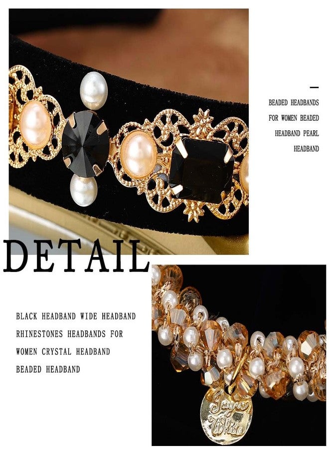 Firuilo Baroque Wide Headbands Black Rhinestones Hairband with Beaded Hair Ties Crystal Pearl Hair Hoop for Women (Type A) - Image 3
