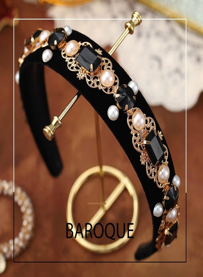 Firuilo Baroque Wide Headbands Black Rhinestones Hairband with Beaded Hair Ties Crystal Pearl Hair Hoop for Women (Type A) - Image 2