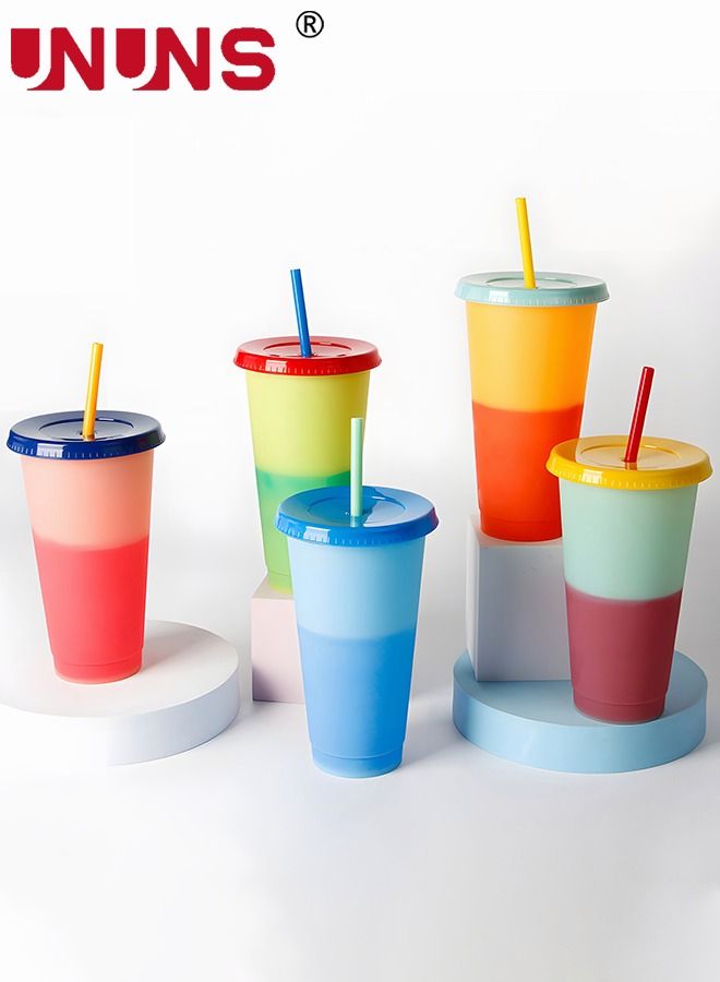 UNUNS Color Changing Cups,5 Pcs 24oz Plastic Tumblers With Lids And Straws,Add Cold Tea Or Coffee,Reusable Drinking Cup Set,No BPA - Image 1