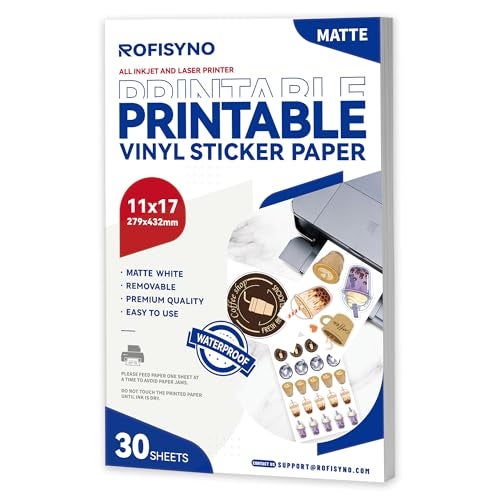 ROFISYNO 11x17 Printable Vinyl Sticker Paper Waterproof, Removable Self Adhesive Vinyl Sticker Sheets for Inkjet and Laser printer, 30 Pack, Tabloid Size, Matte White - Image 1
