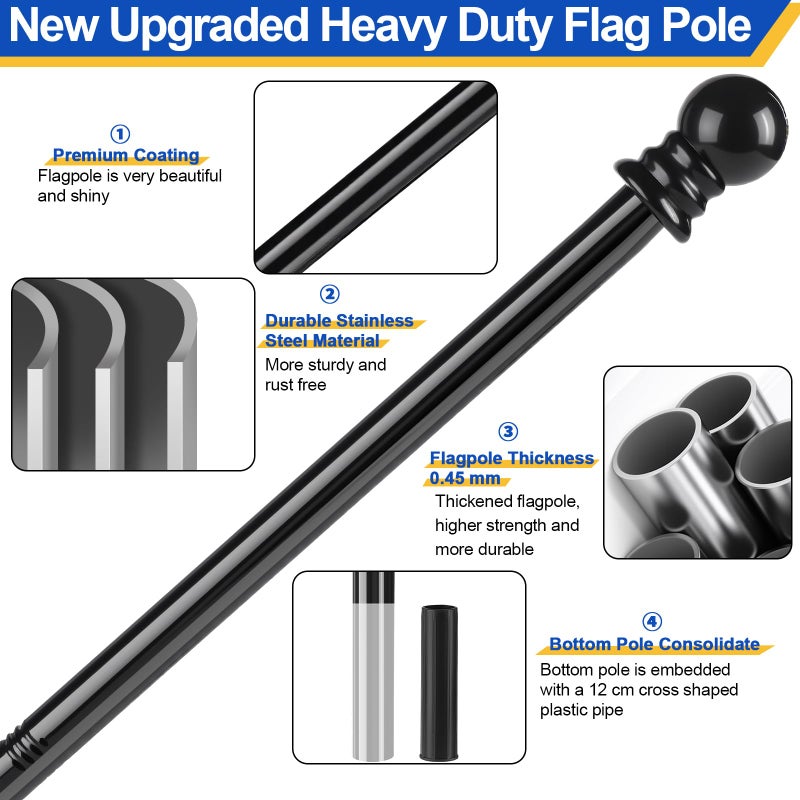 Haoridul Flag Pole for Outside House, Heavy Duty Metal Flagpole for Residential, Outdoor or Porch, Stainless Steel Flag Poles, Upgraded Tangle Free Design, 1 Inch (5 FT, Black) - Image 2