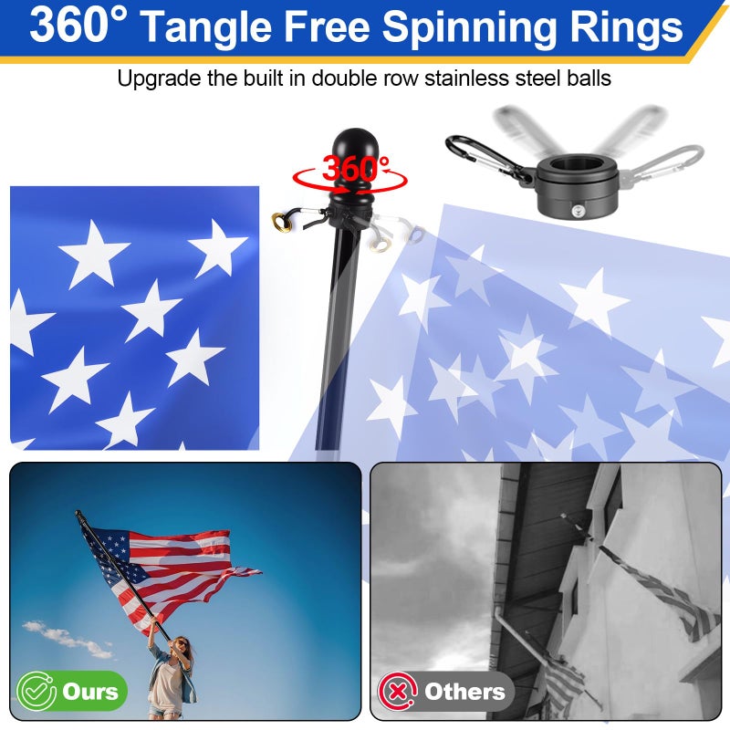 Haoridul Flag Pole for Outside House, Heavy Duty Metal Flagpole for Residential, Outdoor or Porch, Stainless Steel Flag Poles, Upgraded Tangle Free Design, 1 Inch (5 FT, Black) - Image 4