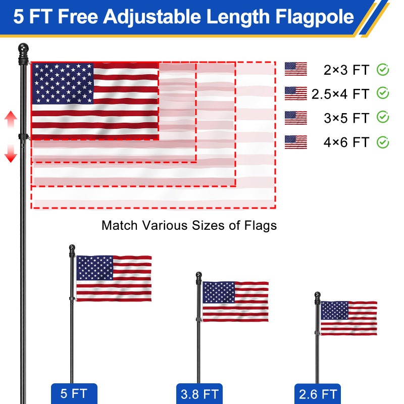 Haoridul Flag Pole for Outside House, Heavy Duty Metal Flagpole for Residential, Outdoor or Porch, Stainless Steel Flag Poles, Upgraded Tangle Free Design, 1 Inch (5 FT, Black) - Image 5