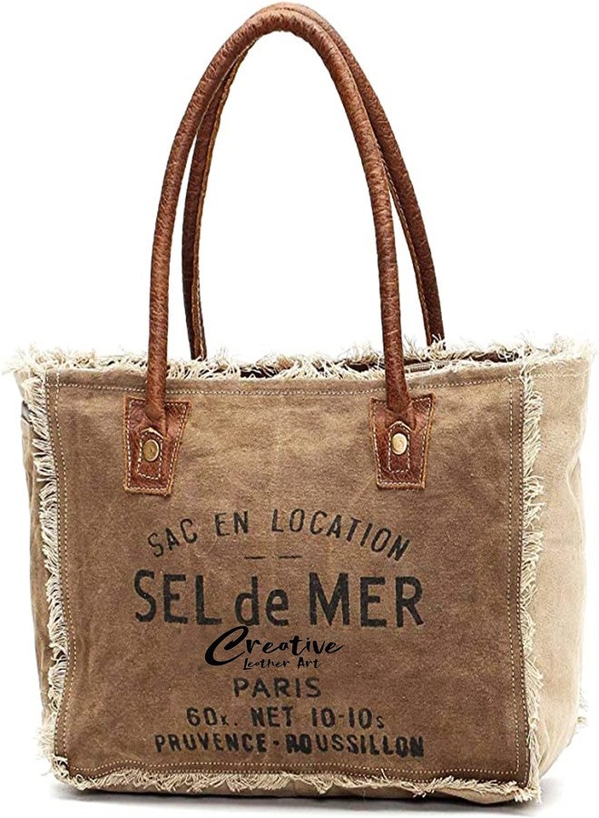 CREATIVE LEATHER ART حقيبة تسوق قماشية من Sel de Mer للنساء بمقابض جلدية، حقيبة كتف، حقيبة يد يومية عادية، للشاطئ، للسفر، حقيبة تسوق (كاكي، 13 × 10 بوصة) - Image 1