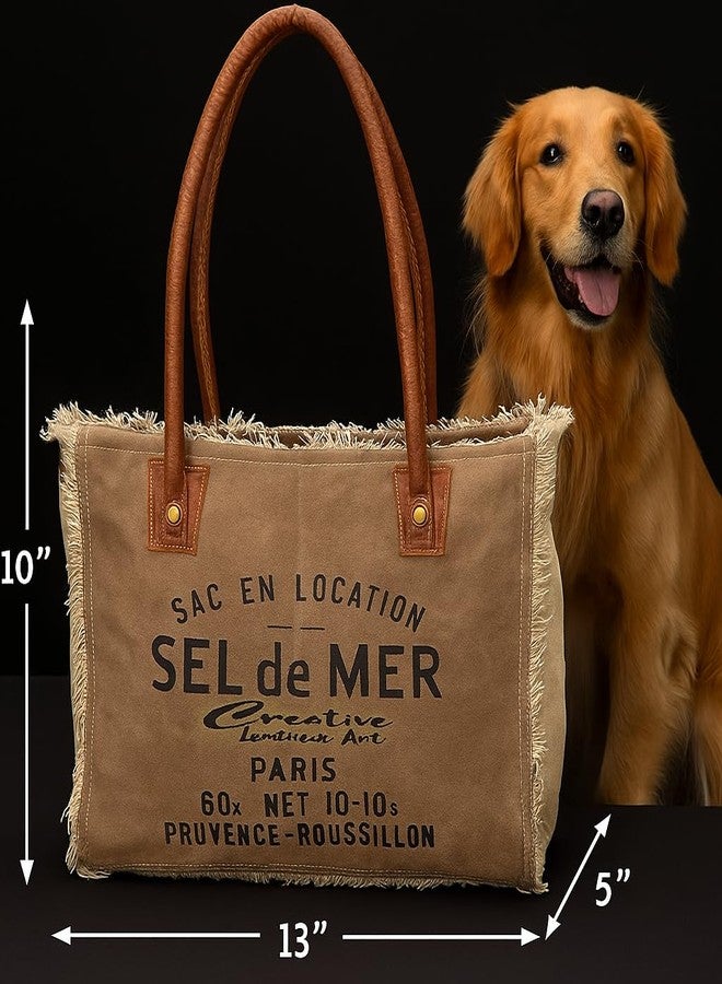 CREATIVE LEATHER ART حقيبة تسوق قماشية من Sel de Mer للنساء بمقابض جلدية، حقيبة كتف، حقيبة يد يومية عادية، للشاطئ، للسفر، حقيبة تسوق (كاكي، 13 × 10 بوصة) - Image 4