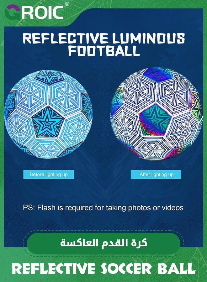 GROIC Size 5 Soccer Ball, Holographic Ball Reflective Holographic/Self-Lighting Glowing Football Indoor Outdoor Night Training PU Leather Match - Image 2