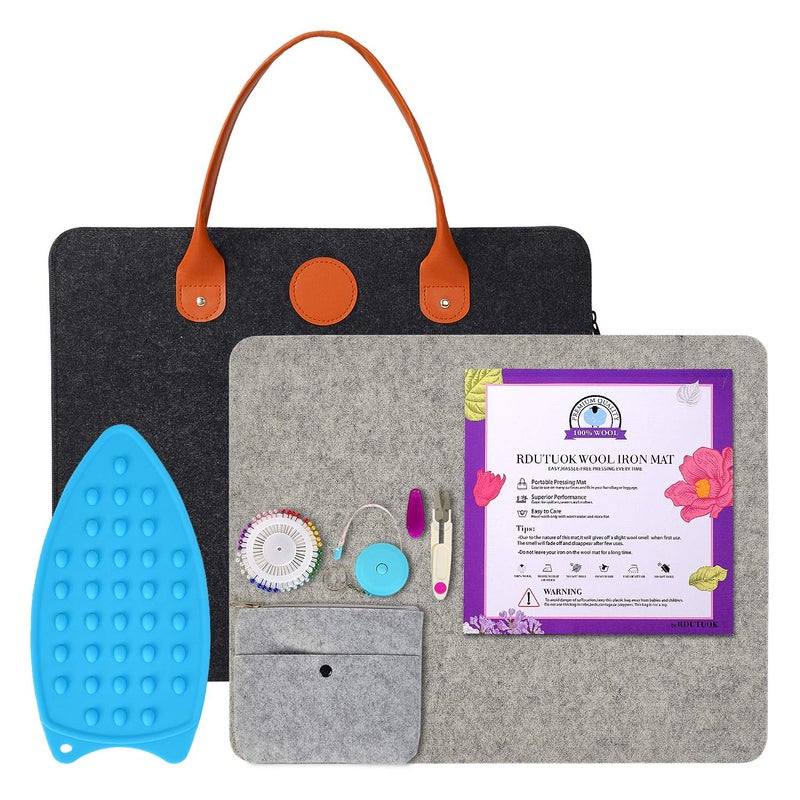 Rdutuok 17x135 Wool Pressing Mat for Quilting with Carrying Case and Silicone Iron Rest pad100 New Zealand Wool Felted Ironing Pad or Quilting Wooly Felted Iron Board for Retains Heat