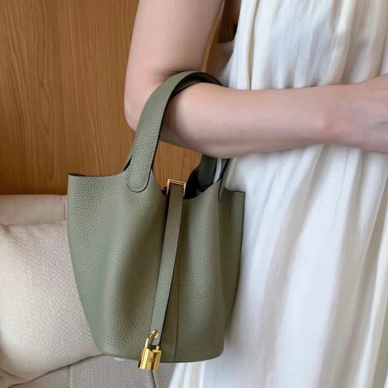 High-End Vegetable Basket Bag Tc Cowhide Handmade Wax Sewing Vegetable Basket Bucket Bag Genuine Leather Handbag For Women - Image 5