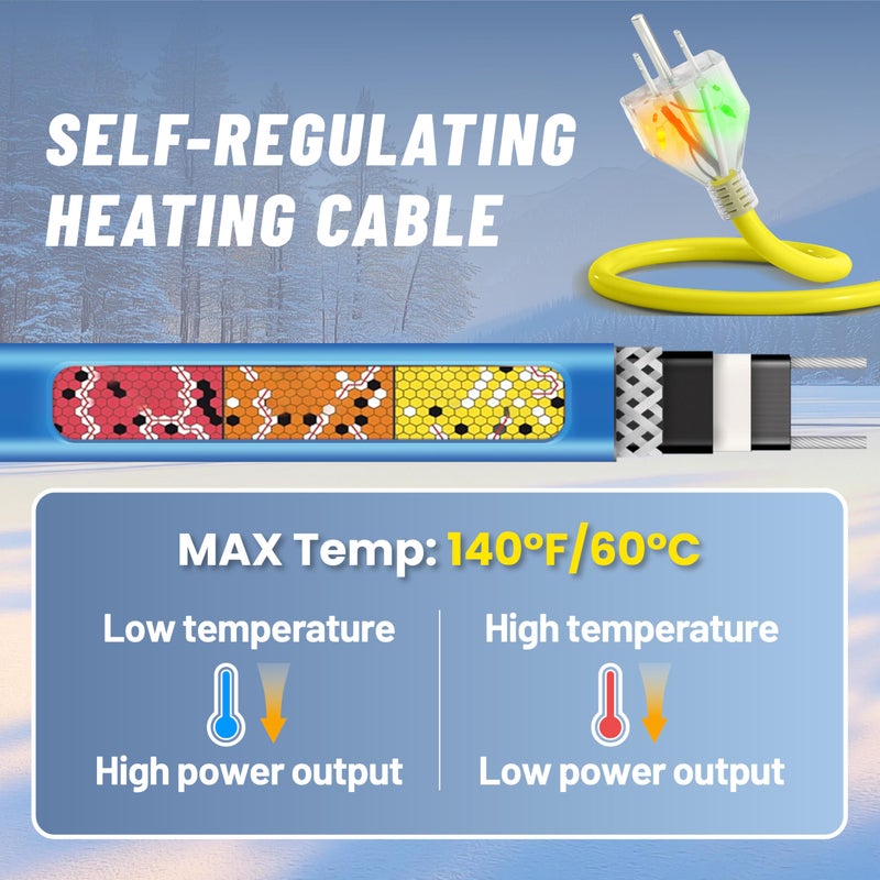 YeloDeer 6 Ft Upgraded Dual-Indicators Heat Tape for Water Pipes, YeloDeer Self-Regulating Heat Trace with Thermostat, Heating Cable with Extra End Seals for Metal and Plastic Pipes 120V - Image 5