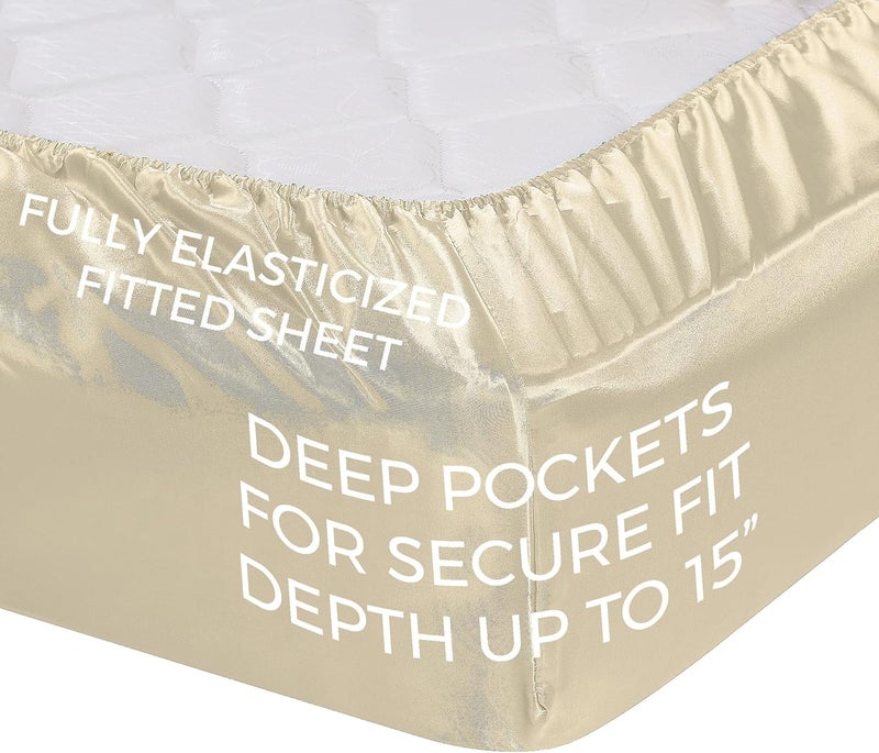 Pure Bedding Satin Sheets Queen [4-Piece, Ivory] Hotel Luxury Silky Bed Sheets - Extra Soft 1800 Microfiber Sheet Set, Wrinkle, Fade, Stain Resistant - Deep Pocket Fitted Sheet, Flat Sheet, Pillow Cases - Image 4