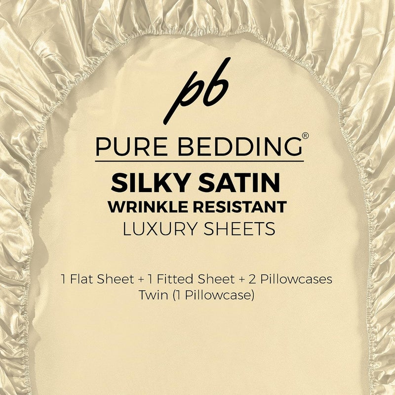 Pure Bedding Satin Sheets Queen [4-Piece, Ivory] Hotel Luxury Silky Bed Sheets - Extra Soft 1800 Microfiber Sheet Set, Wrinkle, Fade, Stain Resistant - Deep Pocket Fitted Sheet, Flat Sheet, Pillow Cases - Image 5