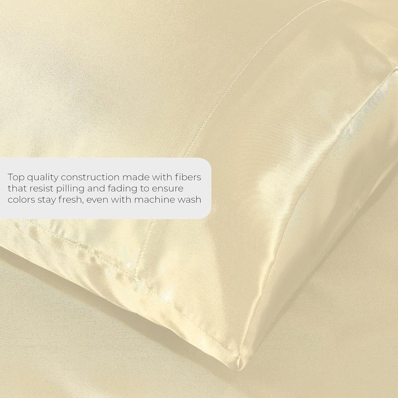 Pure Bedding Satin Sheets Queen [4-Piece, Ivory] Hotel Luxury Silky Bed Sheets - Extra Soft 1800 Microfiber Sheet Set, Wrinkle, Fade, Stain Resistant - Deep Pocket Fitted Sheet, Flat Sheet, Pillow Cases - Image 3