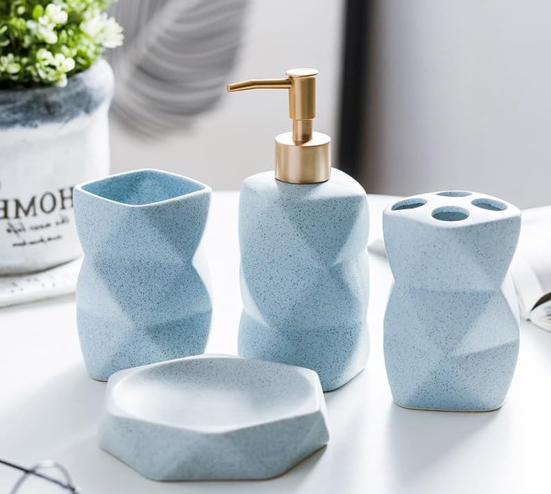 Kuber Industries Bathroom Accessories Set | Ceramic Bathroom Tooth Brush Holder | Bathroom Soap Holder Dish | Kitchen Soap Dispenser 380 ML | Water Cup 380 ML | ZX031BU-4T | Set of 4 | Blue - Image 1