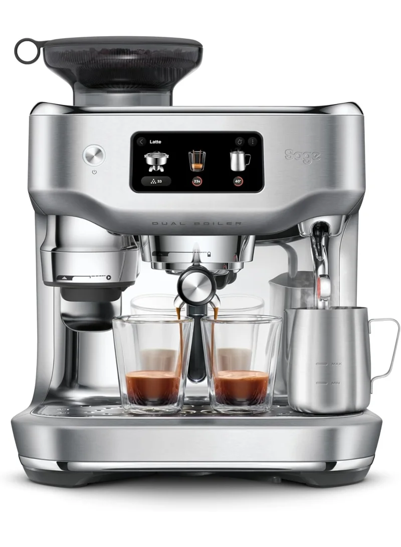 سيج ماكينة قهوة أوراكل ثنائية الغلاية، تعمل بحبوب البن مباشرةً، مزودة بخفاقة حليب يدوية وتلقائية، و45 إعدادًا للطحن، و16 وصفة مُعدة مسبقًا تشمل الإسبريسو والكابتشينو والفلات وايت، مصنوعة من الفولاذ المقاوم للصدأ، إصدار الإمارات العربية المتحدة، ضمان المصنّع لمدة عامين، قهوة مجانية من المصنع.