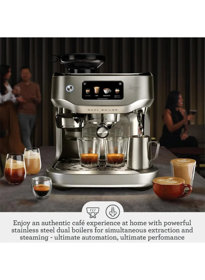 سيج ماكينة قهوة أوراكل ثنائية الغلاية، تعمل بحبوب البن مباشرةً، مزودة بخفاقة حليب يدوية وتلقائية، و45 إعدادًا للطحن، و16 وصفة مُعدة مسبقًا تشمل الإسبريسو والكابتشينو والفلات وايت، مصنوعة من الفولاذ المقاوم للصدأ، إصدار الإمارات العربية المتحدة، ضمان المصنّع لمدة عامين، قهوة مجانية من المصنع.