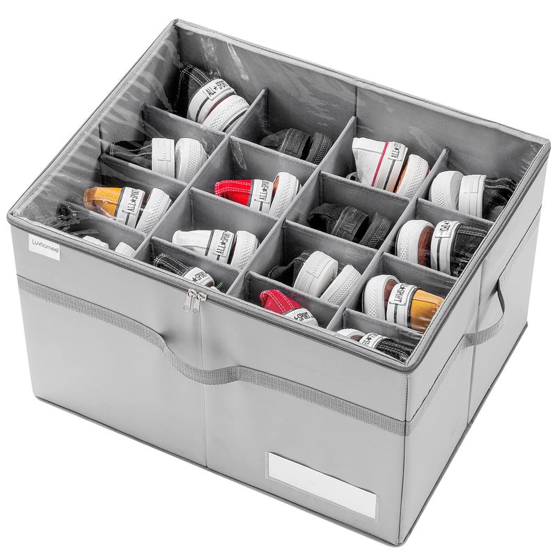 LUVHOMEE Shoe Organizer for Closet, Fits 16 Pairs, Large Shoe Box Storage Containers, Clear Foldable Shoe Storage Bins w/Bottom Support, Space Saving Shoes Holder w/Reinforced Handles, Gray - Image 1
