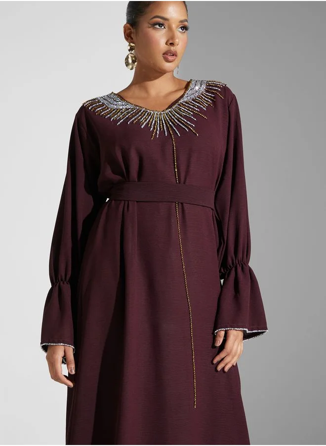 hayas closet Embellished Belted Jalabiya