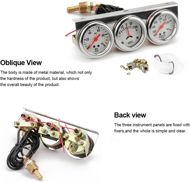 Dyno Racing 2'' 52mm Universal Chrome 12V DC Car Triple Gauge Kit - Oil Pressure, Water Temperature, Ammeter - Image 5