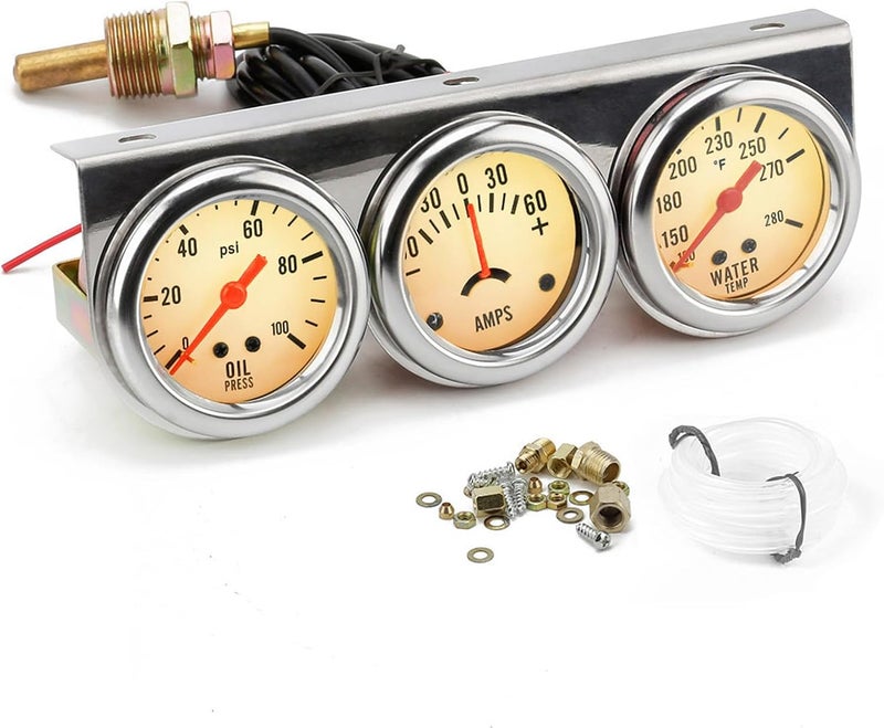 Dyno Racing 2'' 52mm Universal Chrome 12V DC Car Triple Gauge Kit - Oil Pressure, Water Temperature, Ammeter - Image 1