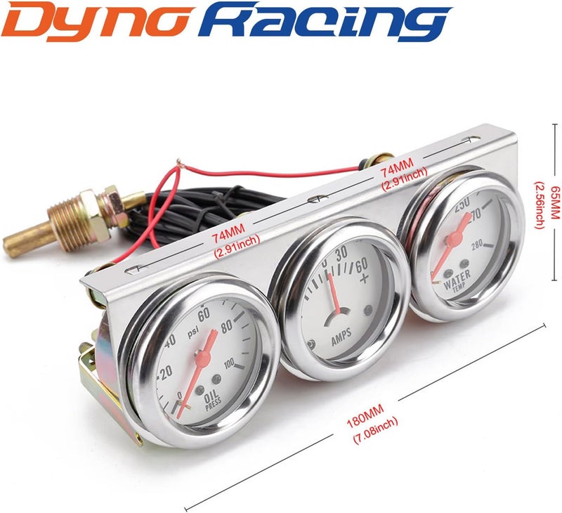 Dyno Racing 2'' 52mm Universal Chrome 12V DC Car Triple Gauge Kit - Oil Pressure, Water Temperature, Ammeter - Image 2