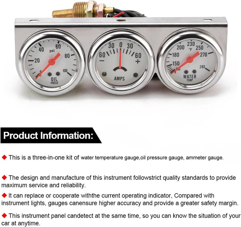 Dyno Racing 2'' 52mm Universal Chrome 12V DC Car Triple Gauge Kit - Oil Pressure, Water Temperature, Ammeter - Image 4