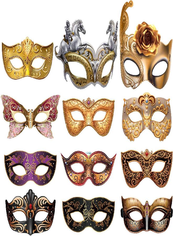 Blulu 12 Pcs Mardi Gras Masquerade Mask Set Paper Masquerade Masks for Halloween, Carnival, Prom, Venetian, Half, Retro, Women's Party Supplies - Image 1