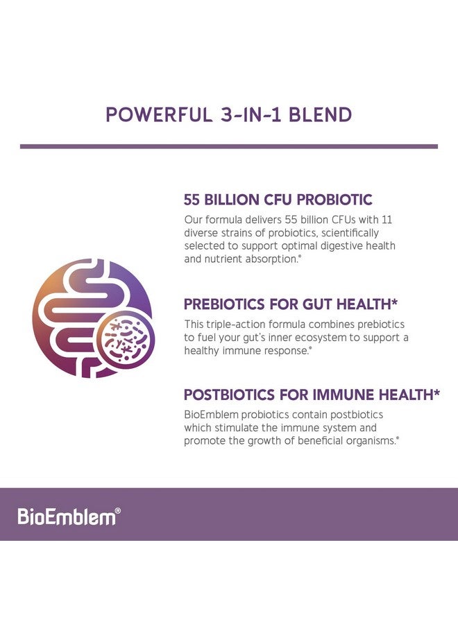 BioEmblem Probiotics for Women & Men - 55 Billion CFU | 11 Strains with Prebiotics & Postbiotics | Jerusalem Artichoke & Inulin | Digestive & Immune Support, Nutrient Absorption | Non-GMO,45 Capsules - Image 2