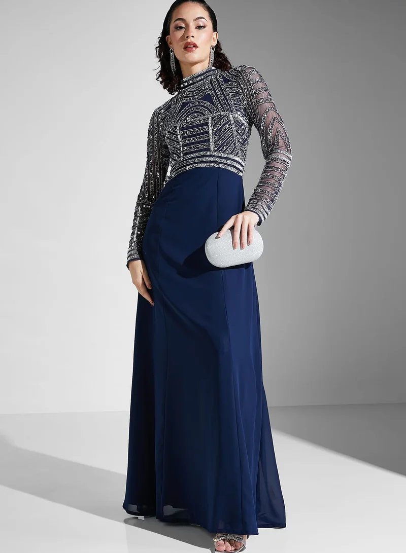 Amelia Rose High Neck Slit Sequin Detail Dress