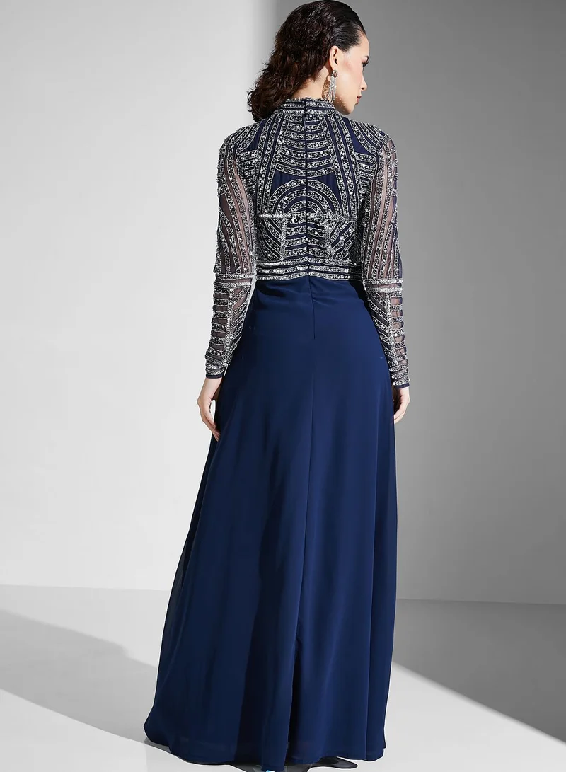 Amelia Rose High Neck Slit Sequin Detail Dress